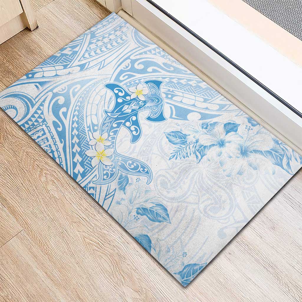 Polynesia Hammerhead Shark Rubber Doormat Tropical Flowers Tribal Pattern Blue LT05 - Polynesian Pride