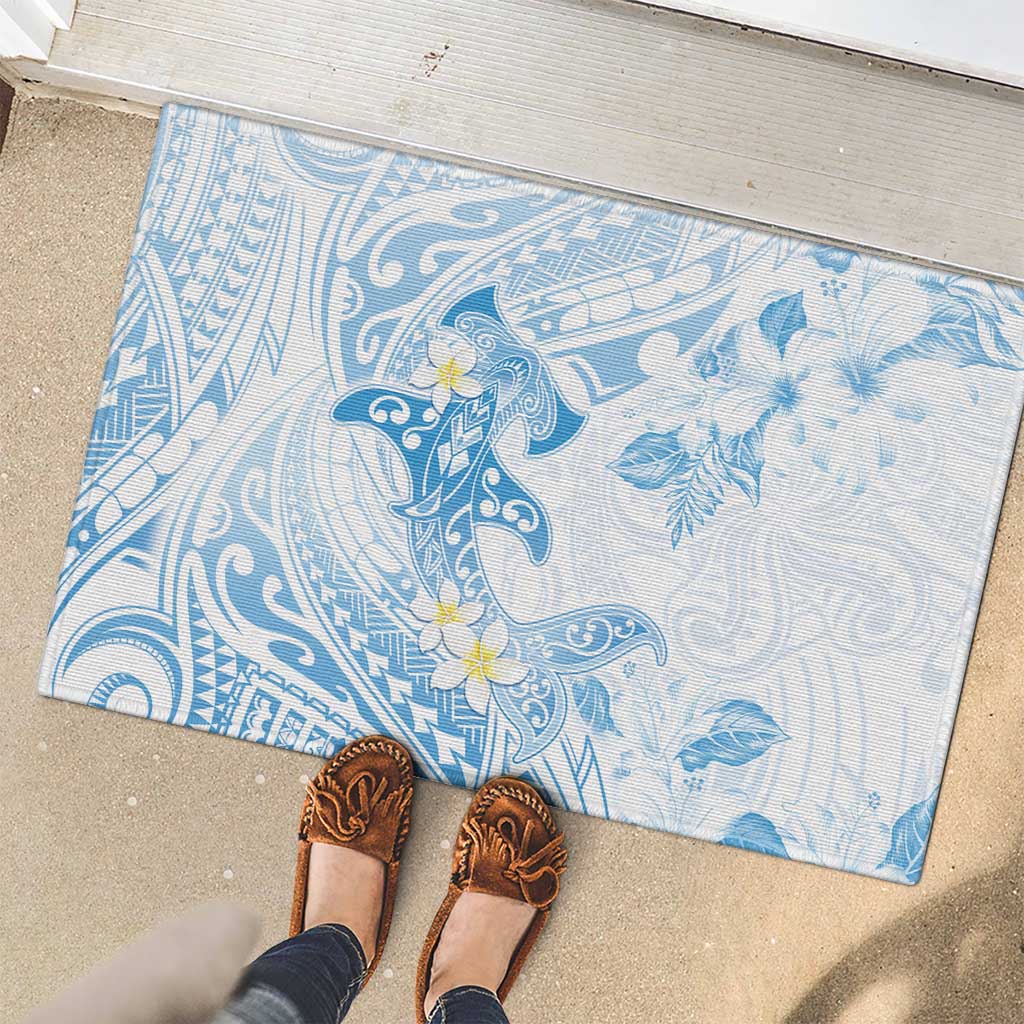 Polynesia Hammerhead Shark Rubber Doormat Tropical Flowers Tribal Pattern Blue LT05 - Polynesian Pride