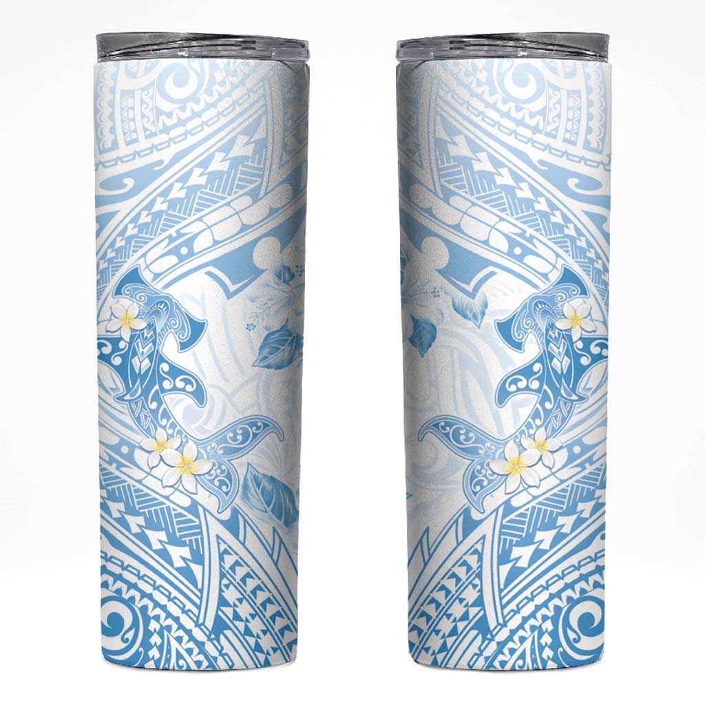 Polynesia Hammerhead Shark Skinny Tumbler Tropical Flowers Tribal Pattern Blue