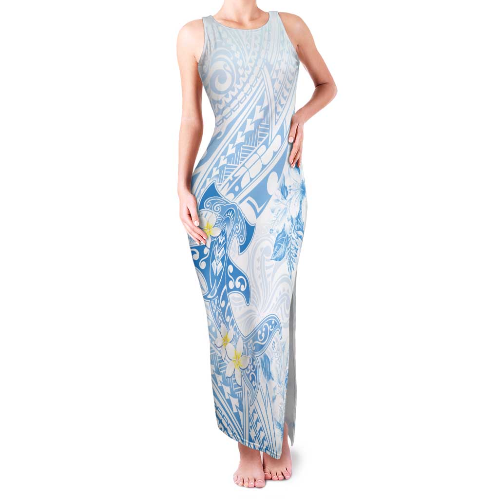 Polynesia Hammerhead Shark Tank Maxi Dress Tropical Flowers Tribal Pattern Blue