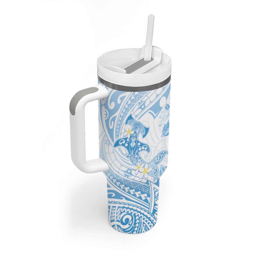 Polynesia Hammerhead Shark Tumbler With Handle Tropical Flowers Tribal Pattern Blue
