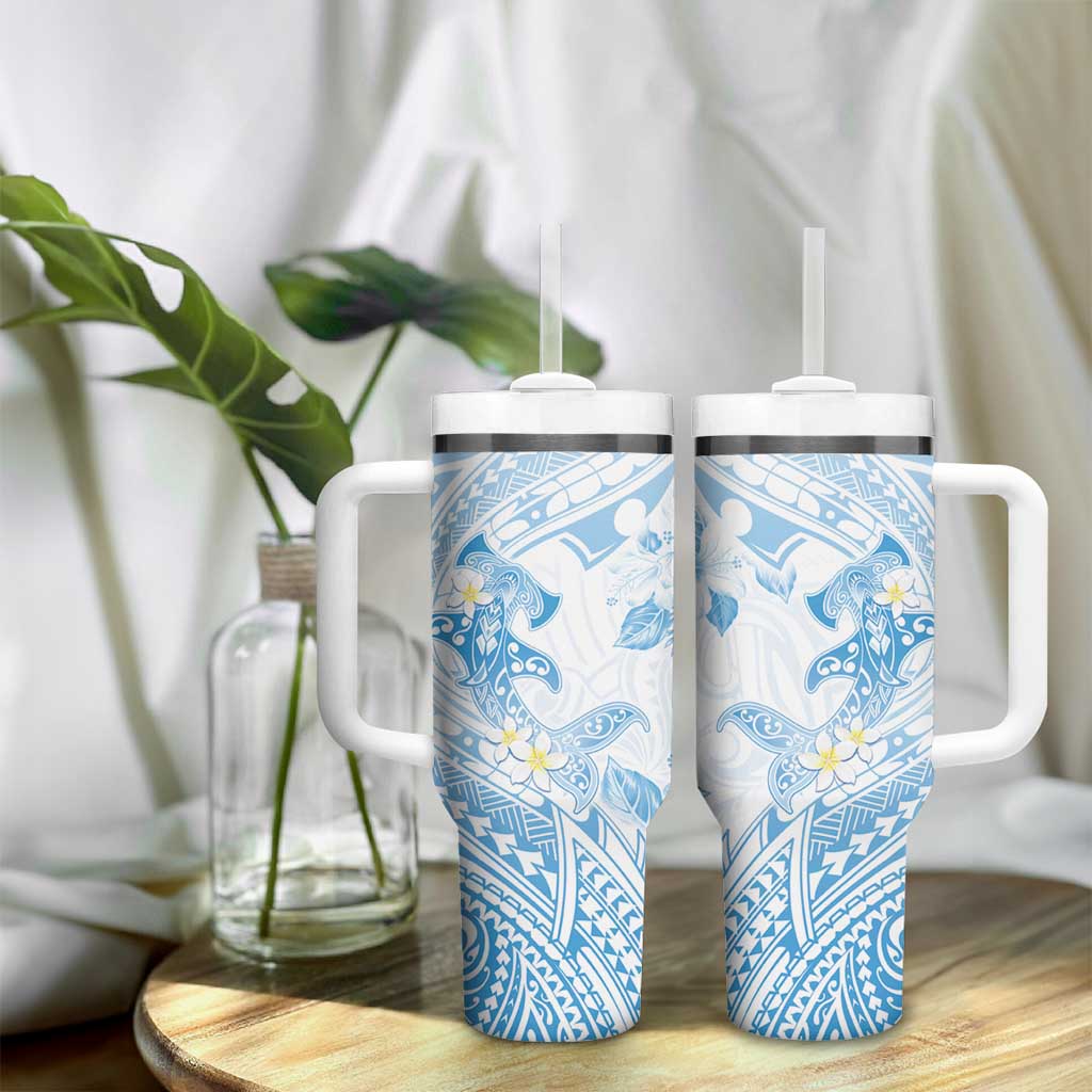 Polynesia Hammerhead Shark Tumbler With Handle Tropical Flowers Tribal Pattern Blue