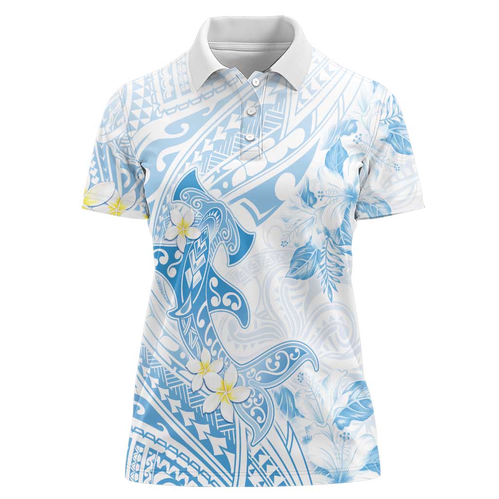 Polynesia Hammerhead Shark Women Polo Shirt Tropical Flowers Tribal Pattern Blue