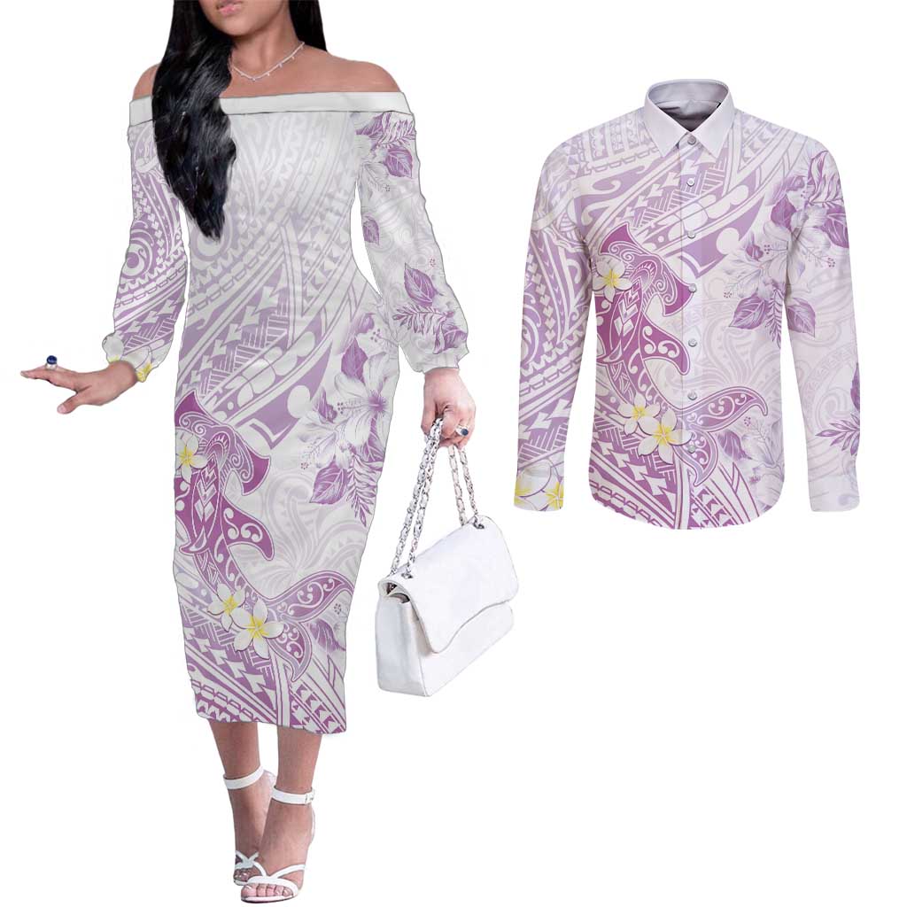 Polynesia Hammerhead Shark Couples Matching Off The Shoulder Long Sleeve Dress and Long Sleeve Button Shirt Tropical Flowers Tribal Pattern Lavender
