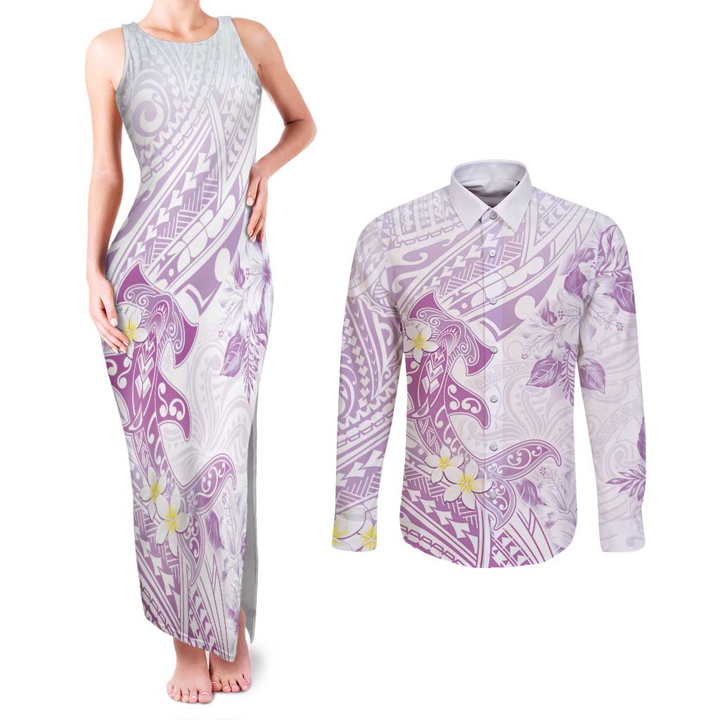 Polynesia Hammerhead Shark Couples Matching Tank Maxi Dress and Long Sleeve Button Shirt Tropical Flowers Tribal Pattern Lavender