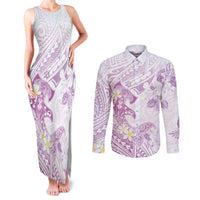 Polynesia Hammerhead Shark Couples Matching Tank Maxi Dress and Long Sleeve Button Shirt Tropical Flowers Tribal Pattern Lavender