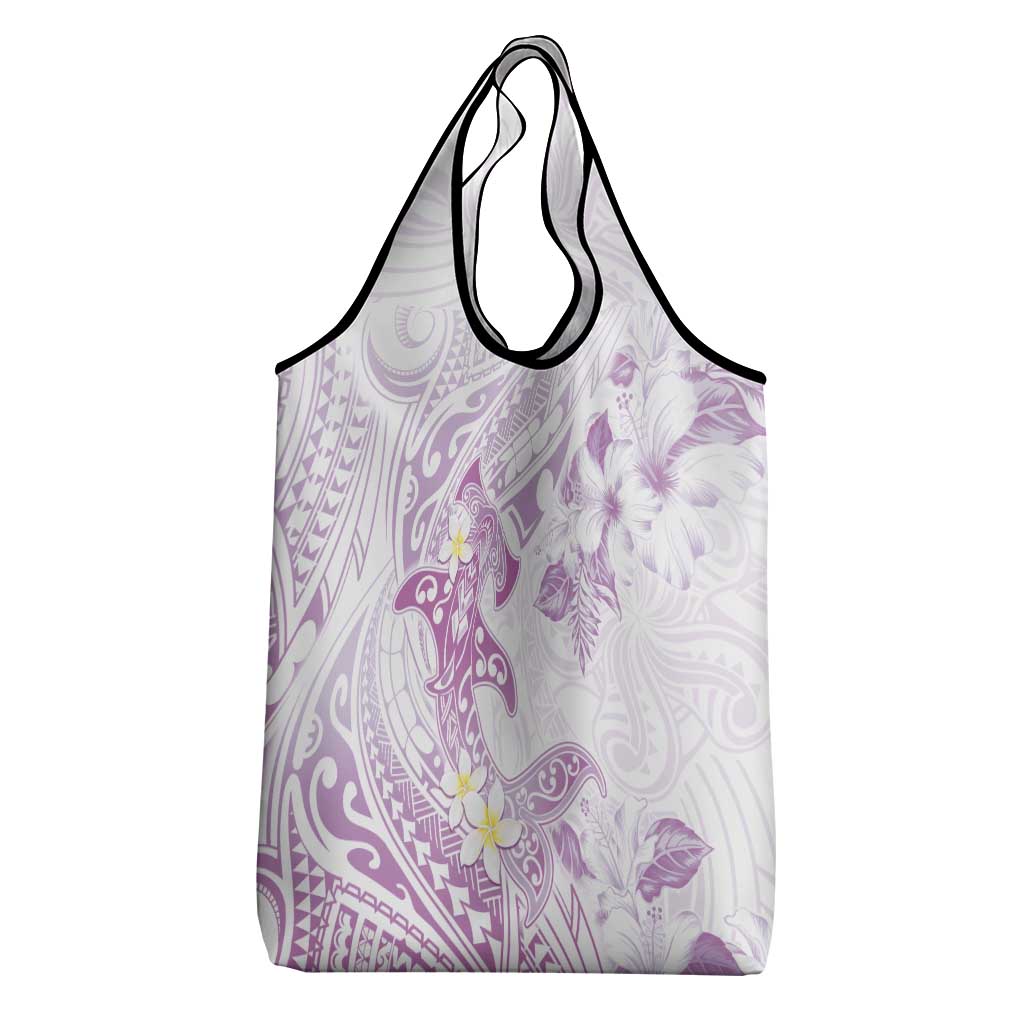 Polynesia Hammerhead Shark Grocery Bag Tropical Flowers Tribal Pattern Lavender
