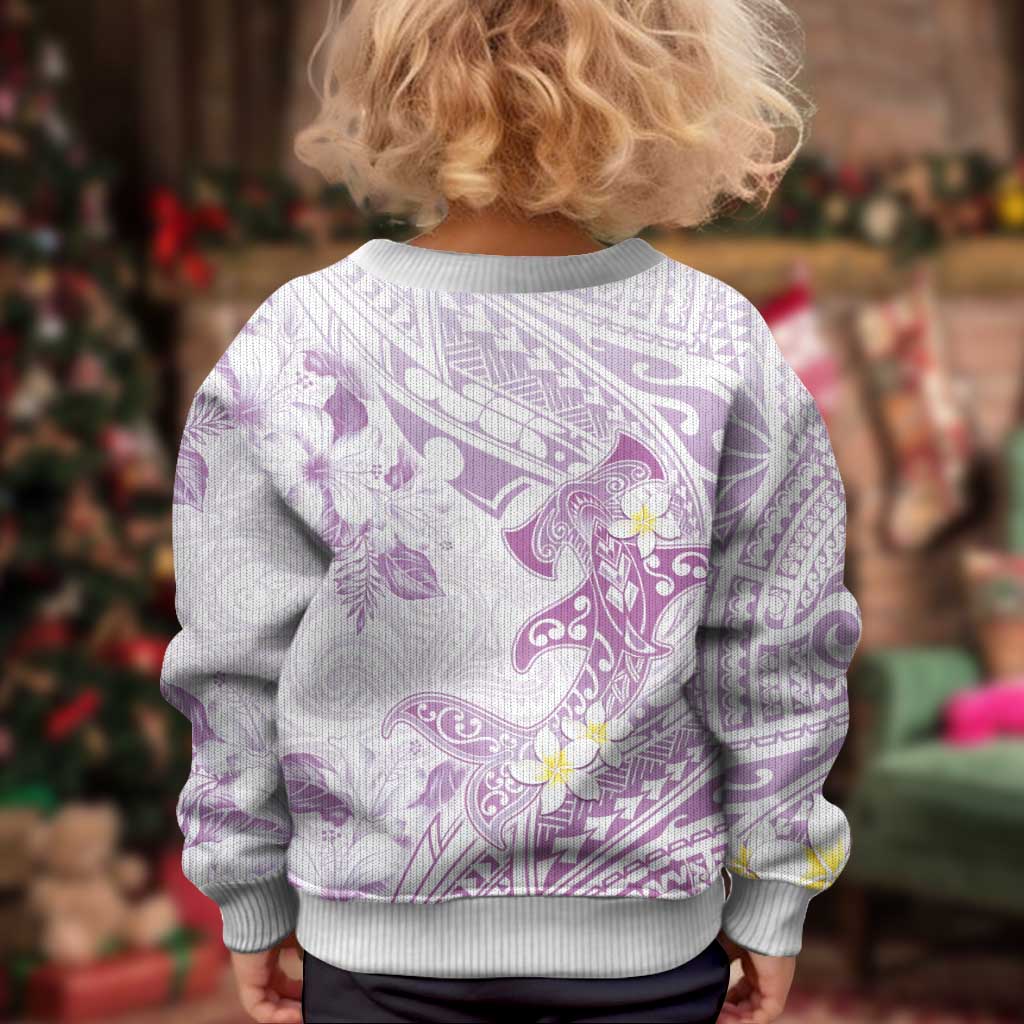 Polynesia Hammerhead Shark Kid Ugly Christmas Sweater Tropical Flowers Tribal Pattern Lavender