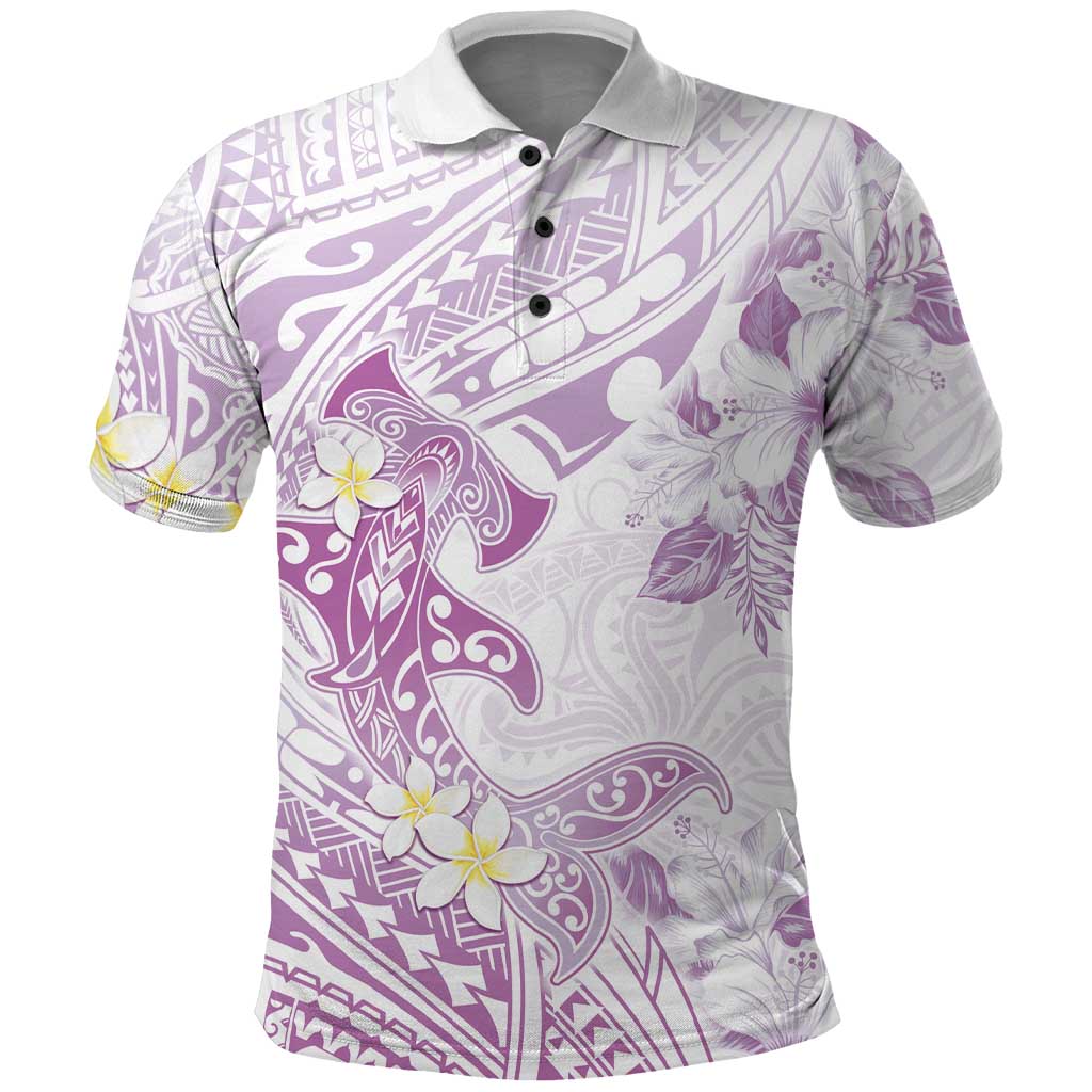 Polynesia Hammerhead Shark Polo Shirt Tropical Flowers Tribal Pattern Lavender