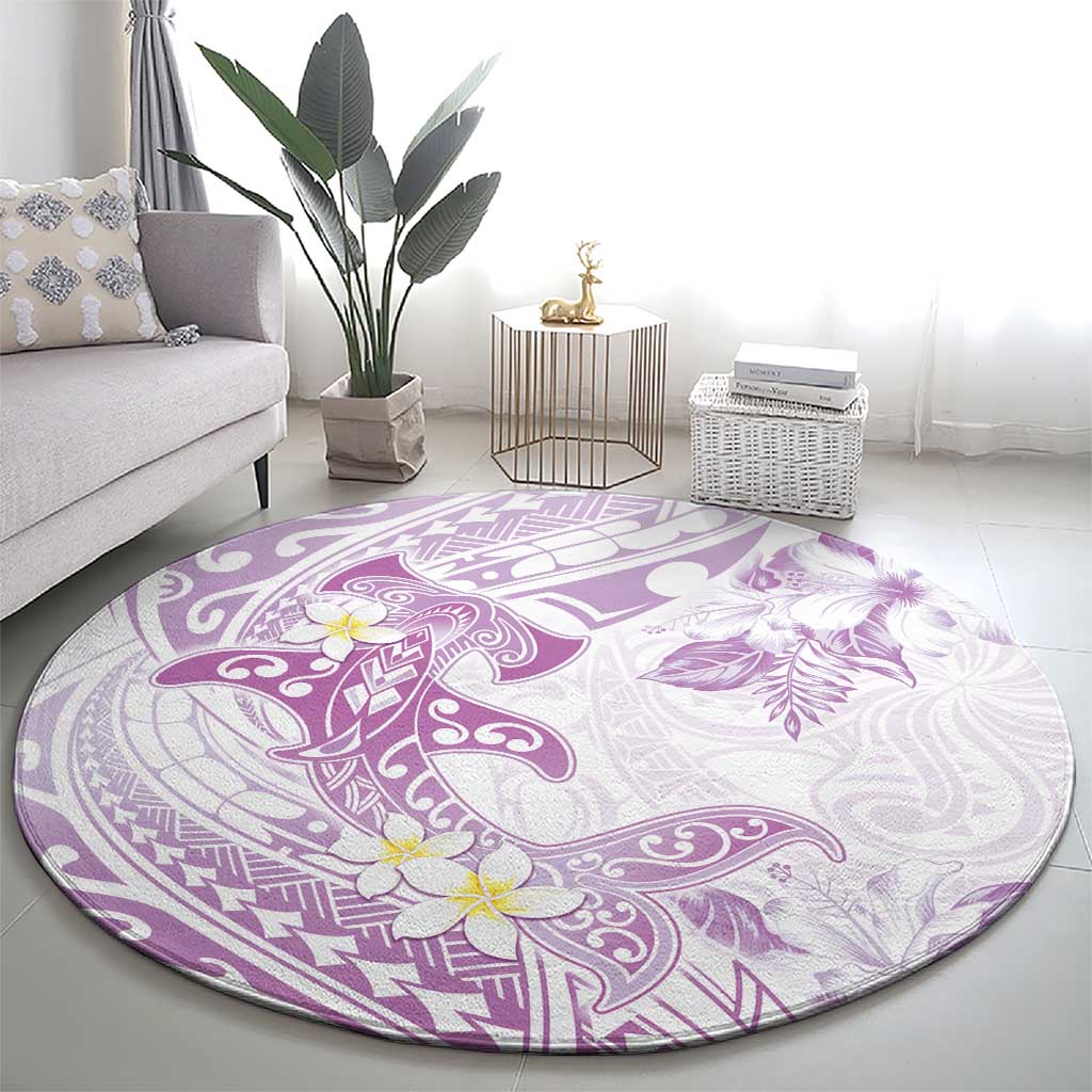 Polynesia Hammerhead Shark Round Carpet Tropical Flowers Tribal Pattern Lavender
