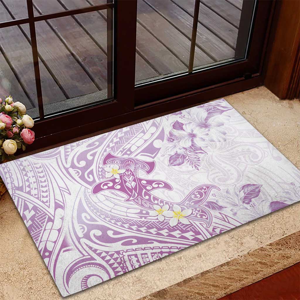 Polynesia Hammerhead Shark Rubber Doormat Tropical Flowers Tribal Pattern Lavender