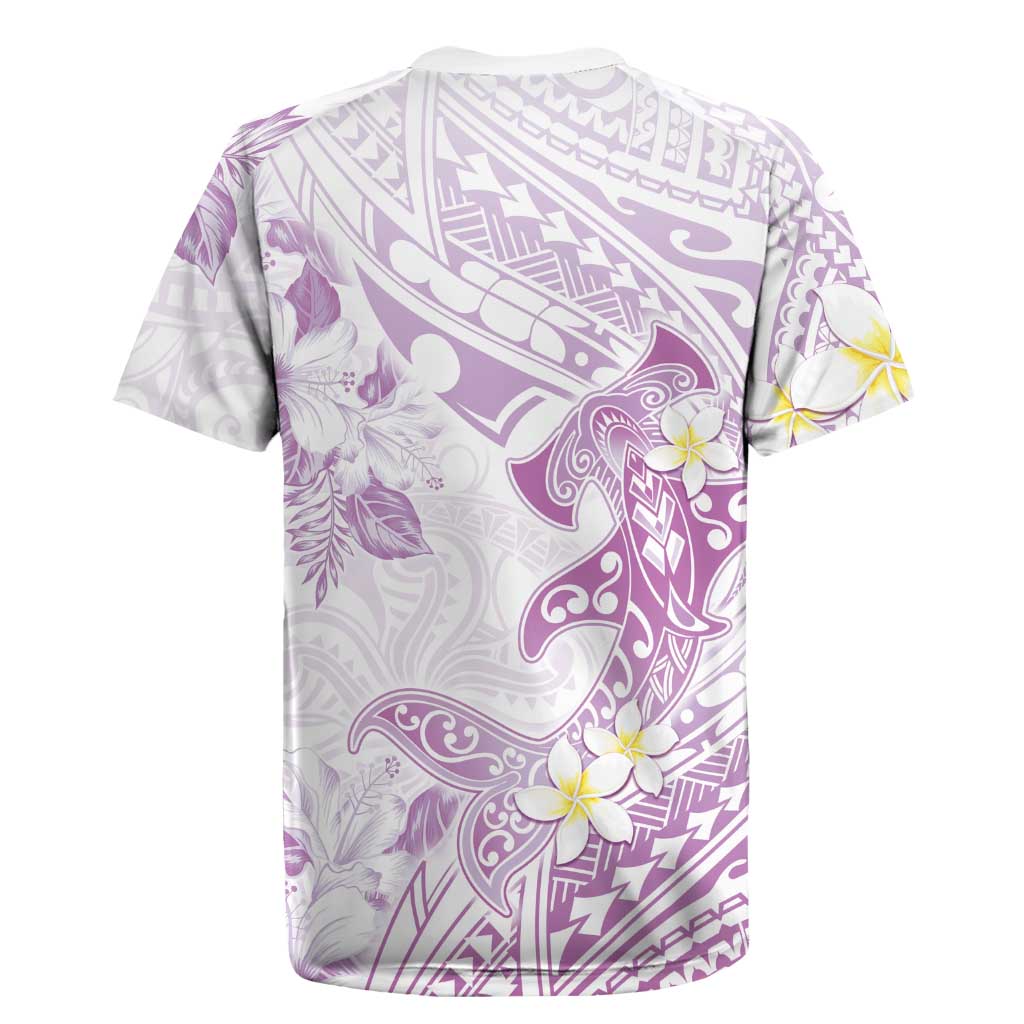 Polynesia Hammerhead Shark Rugby Jersey Tropical Flowers Tribal Pattern Lavender