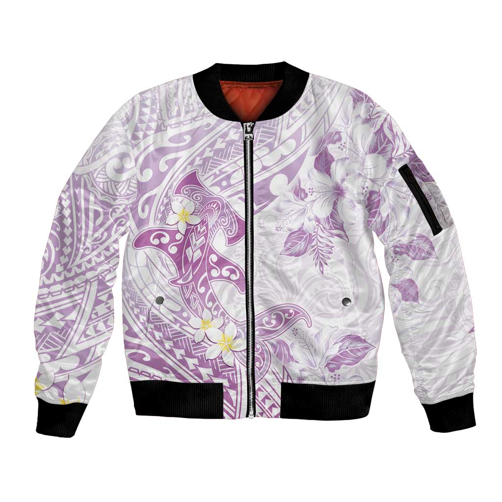 Polynesia Hammerhead Shark Sleeve Zip Bomber Jacket Tropical Flowers Tribal Pattern Lavender