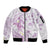 Polynesia Hammerhead Shark Sleeve Zip Bomber Jacket Tropical Flowers Tribal Pattern Lavender