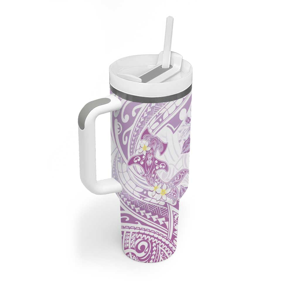 Polynesia Hammerhead Shark Tumbler With Handle Tropical Flowers Tribal Pattern Lavender