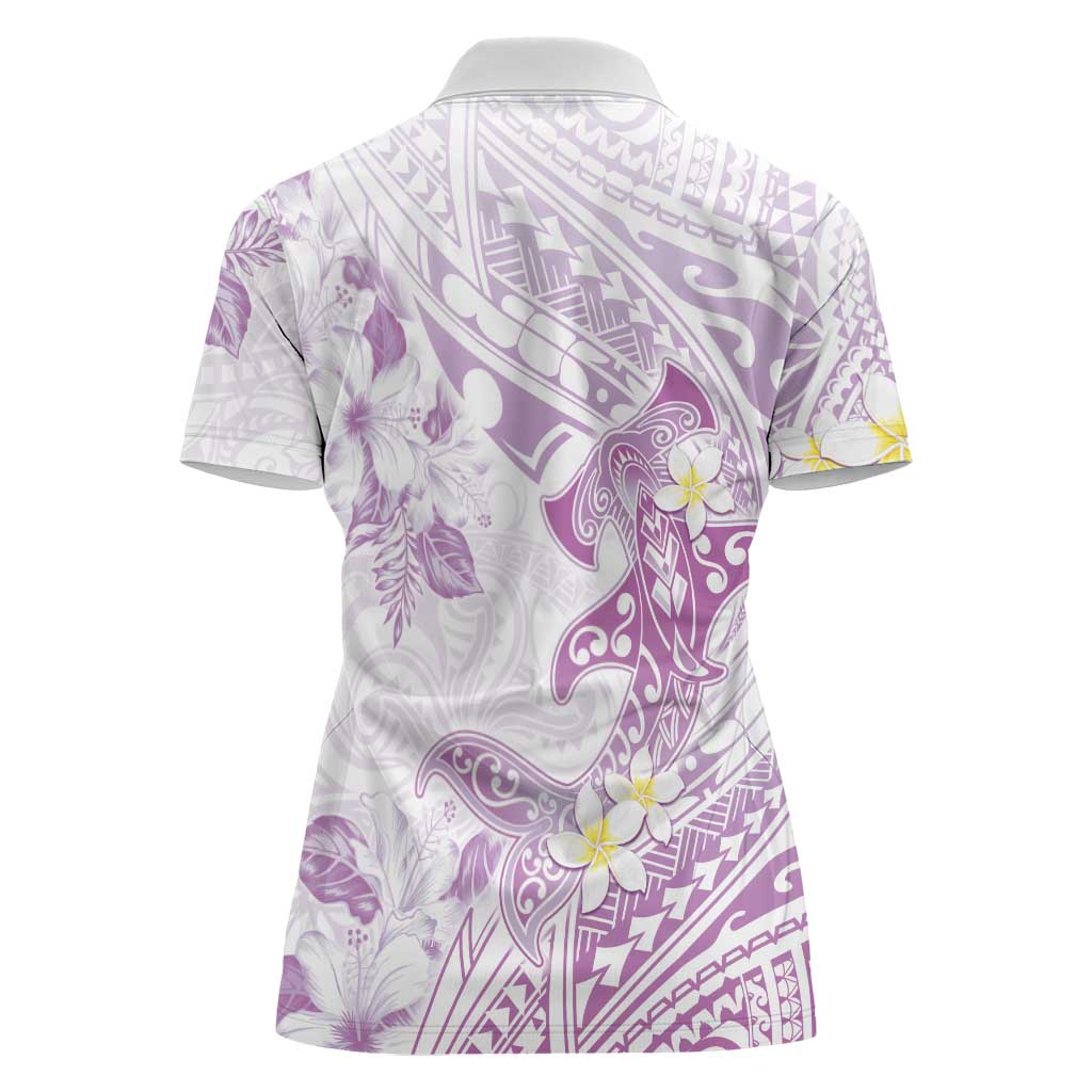 Polynesia Hammerhead Shark Women Polo Shirt Tropical Flowers Tribal Pattern Lavender