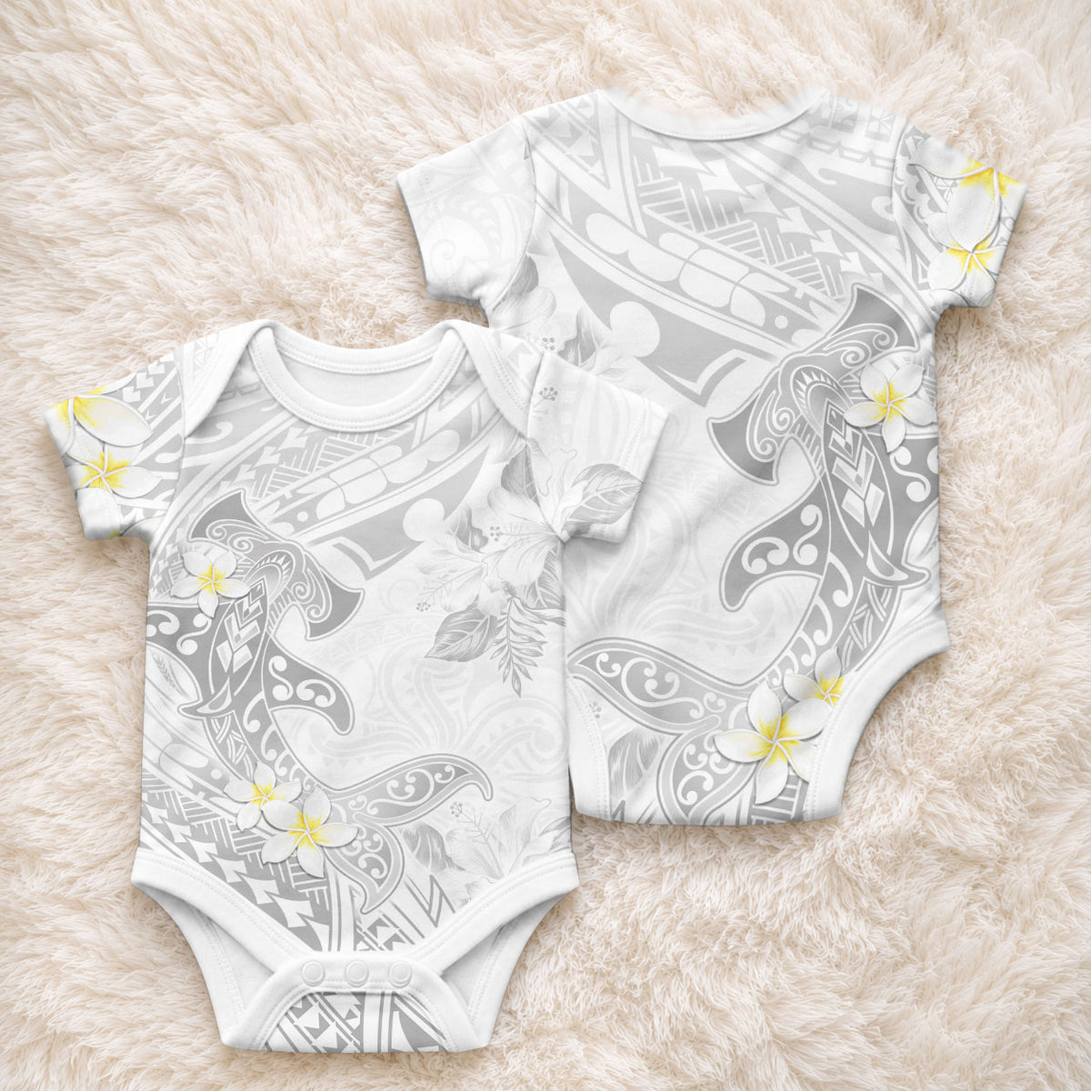 Polynesia Hammerhead Shark Baby Onesie Tropical Flowers Tribal Pattern White LT05 - Polynesian Pride