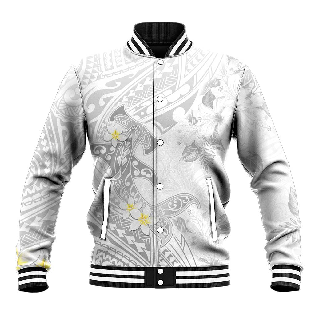 Polynesia Hammerhead Shark Baseball Jacket Tropical Flowers Tribal Pattern White LT05 Unisex White - Polynesian Pride