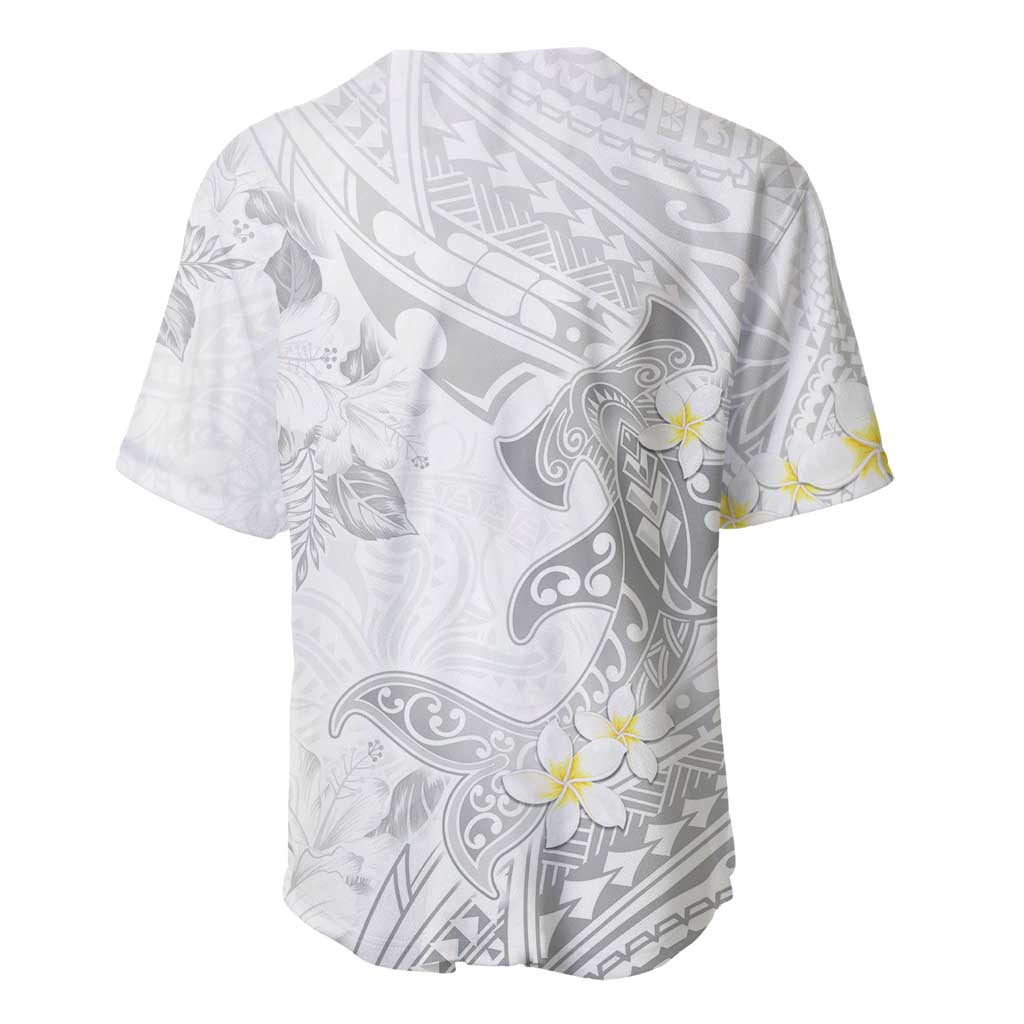 Polynesia Hammerhead Shark Baseball Jersey Tropical Flowers Tribal Pattern White