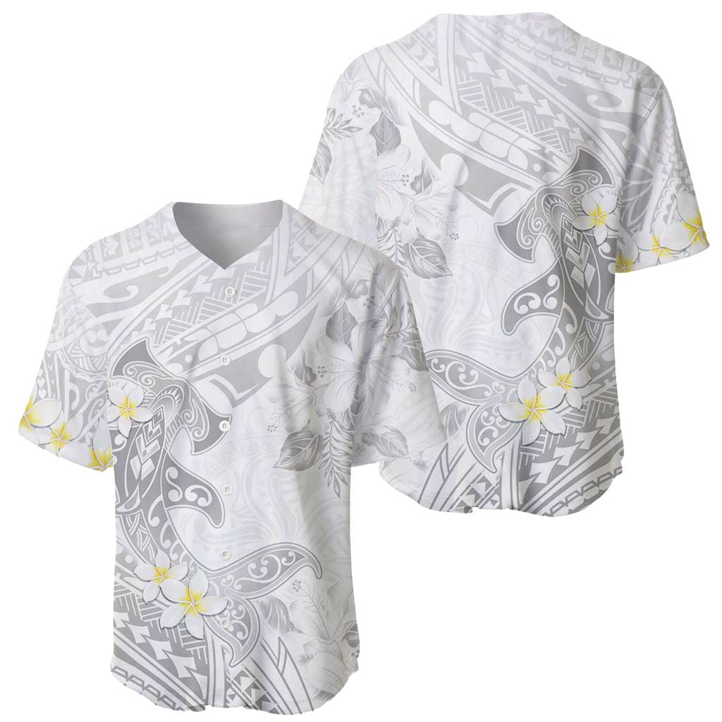 Polynesia Hammerhead Shark Baseball Jersey Tropical Flowers Tribal Pattern White