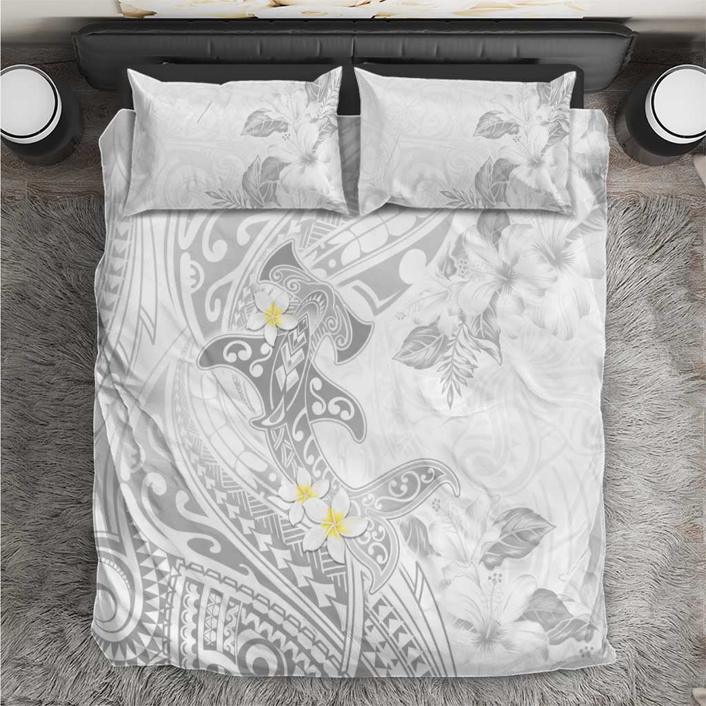 Polynesia Hammerhead Shark Bedding Set Tropical Flowers Tribal Pattern White