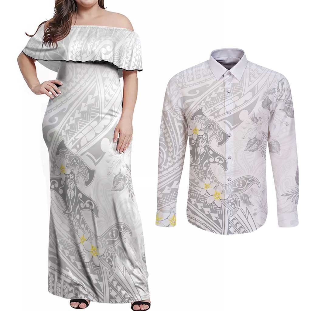 Polynesia Hammerhead Shark Couples Matching Off Shoulder Maxi Dress and Long Sleeve Button Shirt Tropical Flowers Tribal Pattern White