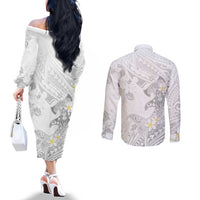 Polynesia Hammerhead Shark Couples Matching Off The Shoulder Long Sleeve Dress and Long Sleeve Button Shirt Tropical Flowers Tribal Pattern White