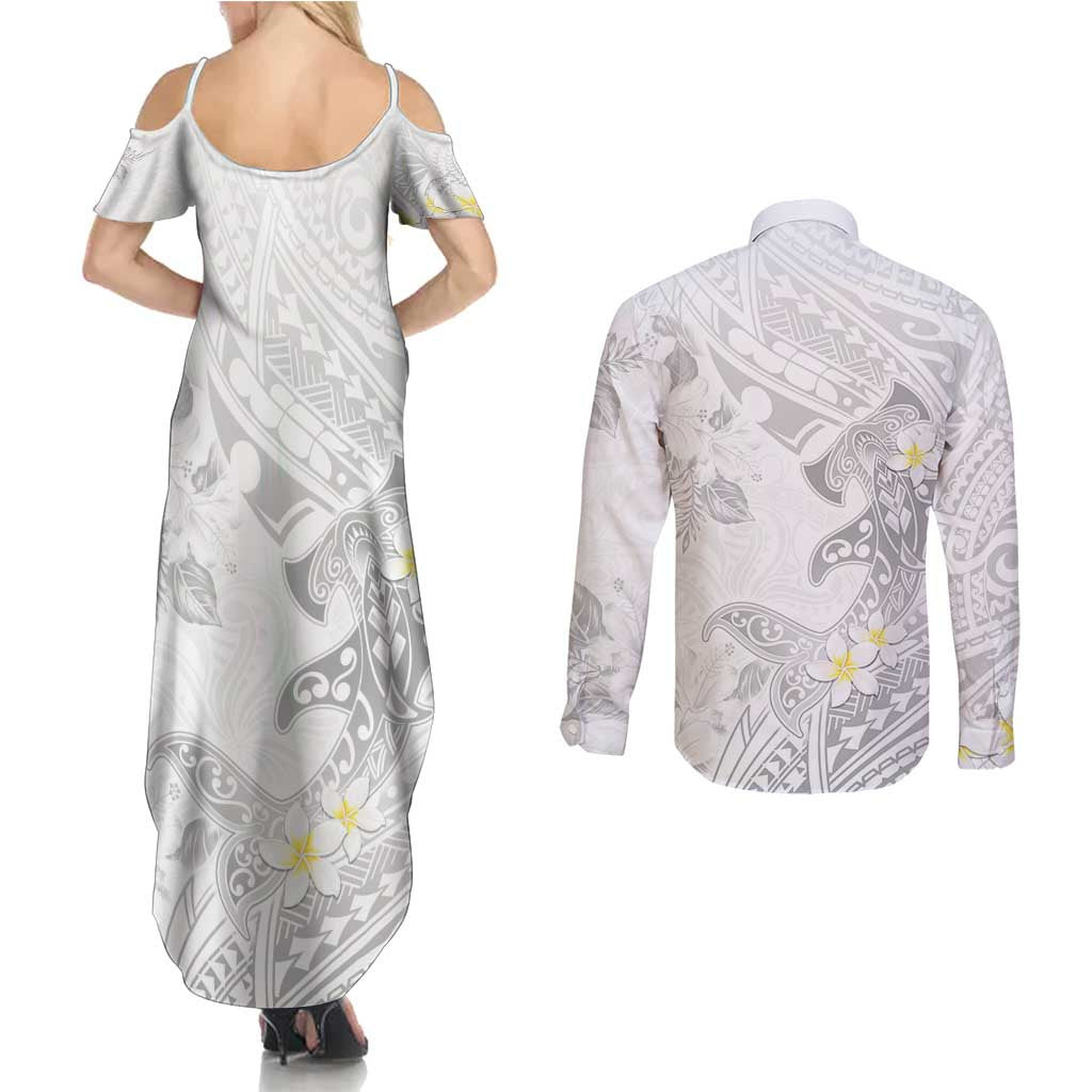 Polynesia Hammerhead Shark Couples Matching Summer Maxi Dress and Long Sleeve Button Shirt Tropical Flowers Tribal Pattern White