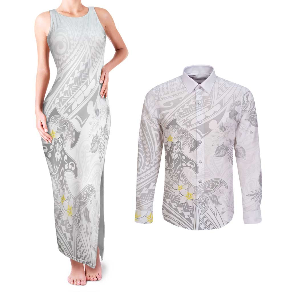 Polynesia Hammerhead Shark Couples Matching Tank Maxi Dress and Long Sleeve Button Shirt Tropical Flowers Tribal Pattern White