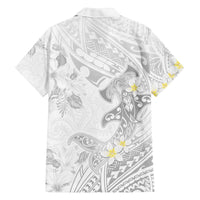 Polynesia Hammerhead Shark Family Matching Off Shoulder Short Dress and Hawaiian Shirt Tropical Flowers Tribal Pattern White