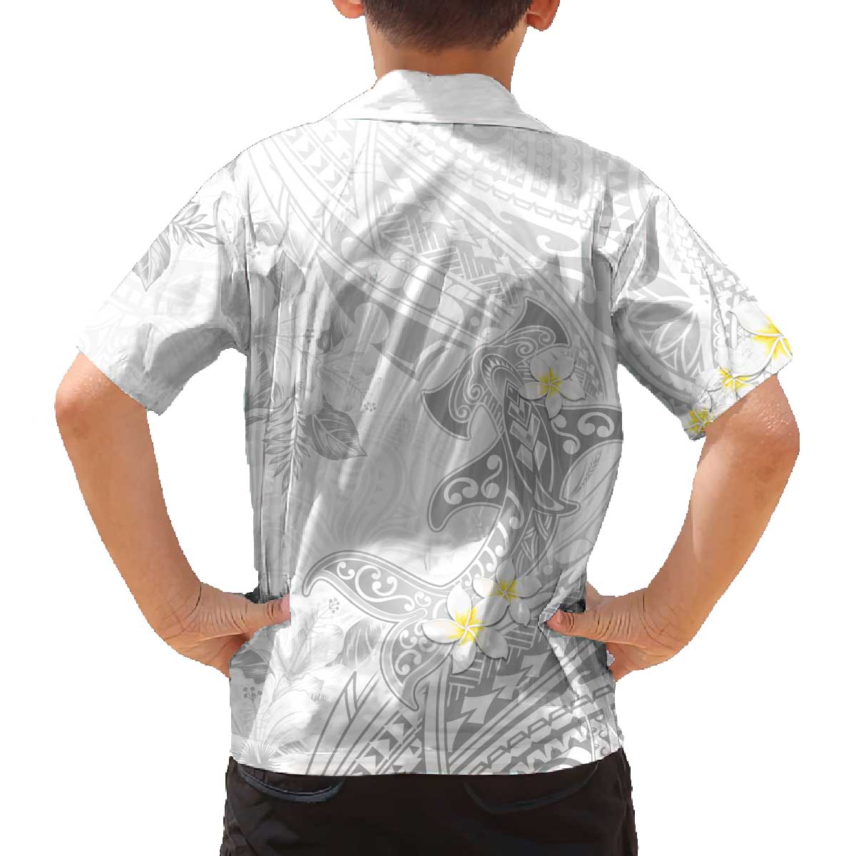 Polynesia Hammerhead Shark Family Matching Puletasi and Hawaiian Shirt Tropical Flowers Tribal Pattern White LT05 - Polynesian Pride