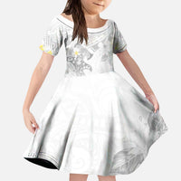 Polynesia Hammerhead Shark Family Matching Puletasi and Hawaiian Shirt Tropical Flowers Tribal Pattern White LT05 Daughter's Dress White - Polynesian Pride