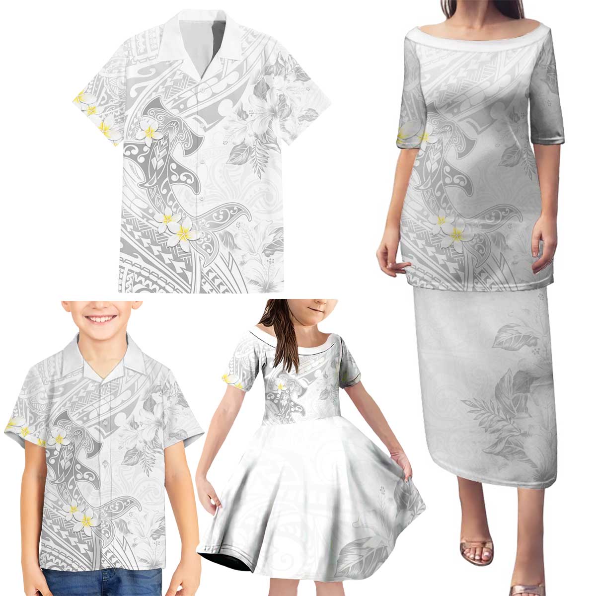 Polynesia Hammerhead Shark Family Matching Puletasi and Hawaiian Shirt Tropical Flowers Tribal Pattern White LT05 - Polynesian Pride
