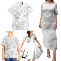 Polynesia Hammerhead Shark Family Matching Puletasi and Hawaiian Shirt Tropical Flowers Tribal Pattern White LT05 - Polynesian Pride