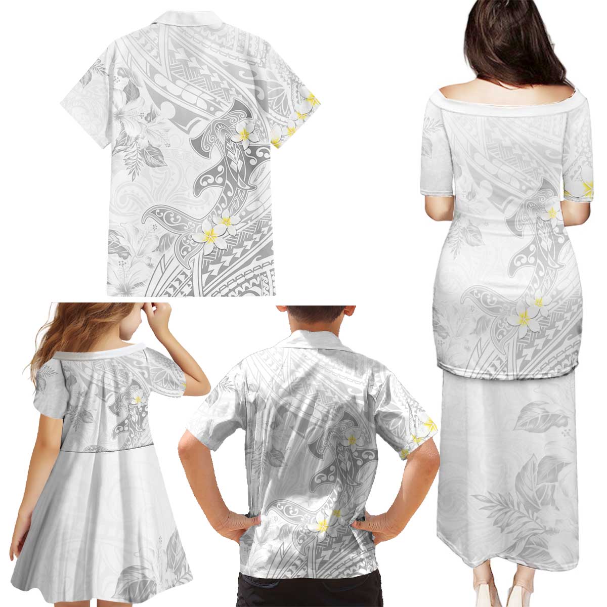 Polynesia Hammerhead Shark Family Matching Puletasi and Hawaiian Shirt Tropical Flowers Tribal Pattern White LT05 - Polynesian Pride