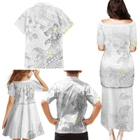 Polynesia Hammerhead Shark Family Matching Puletasi and Hawaiian Shirt Tropical Flowers Tribal Pattern White LT05 - Polynesian Pride