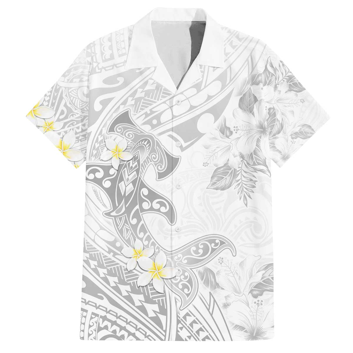 Polynesia Hammerhead Shark Family Matching Puletasi and Hawaiian Shirt Tropical Flowers Tribal Pattern White LT05 Dad's Shirt - Short Sleeve White - Polynesian Pride