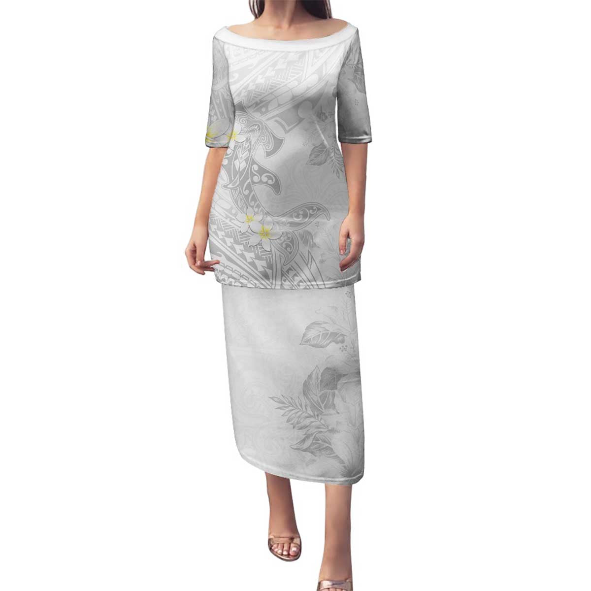 Polynesia Hammerhead Shark Family Matching Puletasi and Hawaiian Shirt Tropical Flowers Tribal Pattern White LT05 Mom's Dress White - Polynesian Pride