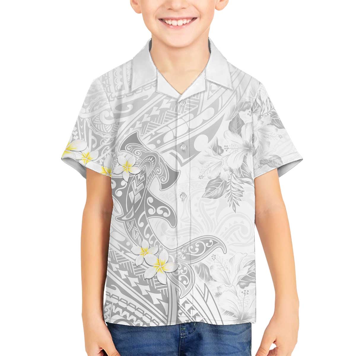 Polynesia Hammerhead Shark Family Matching Puletasi and Hawaiian Shirt Tropical Flowers Tribal Pattern White LT05 Son's Shirt White - Polynesian Pride