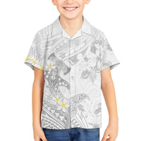 Polynesia Hammerhead Shark Family Matching Puletasi and Hawaiian Shirt Tropical Flowers Tribal Pattern White LT05 Son's Shirt White - Polynesian Pride