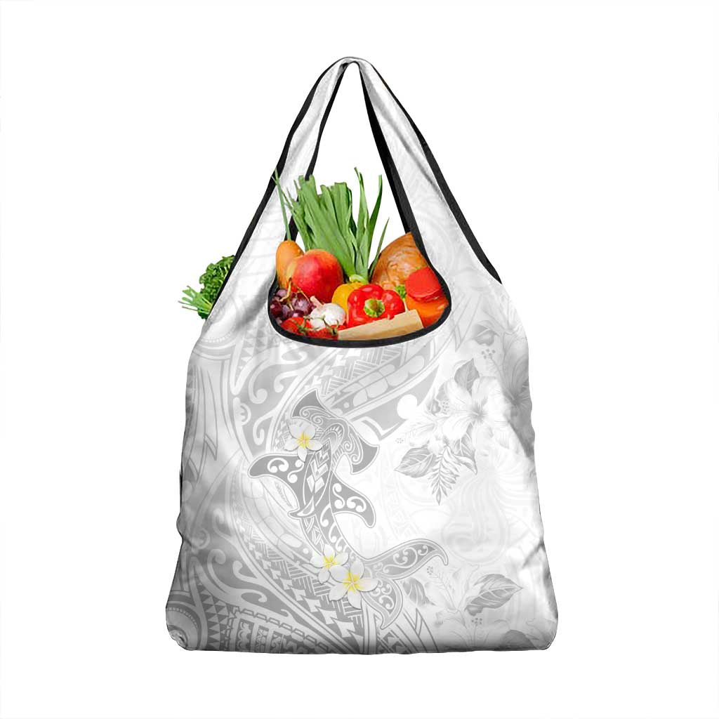 Polynesia Hammerhead Shark Grocery Bag Tropical Flowers Tribal Pattern White