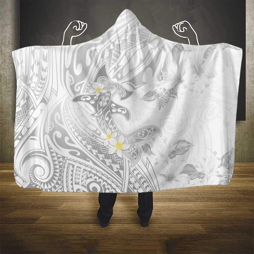Polynesia Hammerhead Shark Hooded Blanket Tropical Flowers Tribal Pattern White LT05 - Polynesian Pride