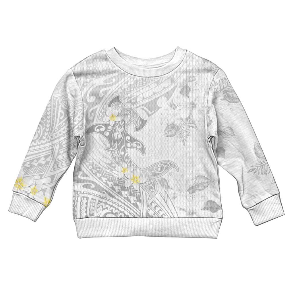 Polynesia Hammerhead Shark Kid Ugly Christmas Sweater Tropical Flowers Tribal Pattern White