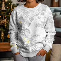Polynesia Hammerhead Shark Kid Ugly Christmas Sweater Tropical Flowers Tribal Pattern White