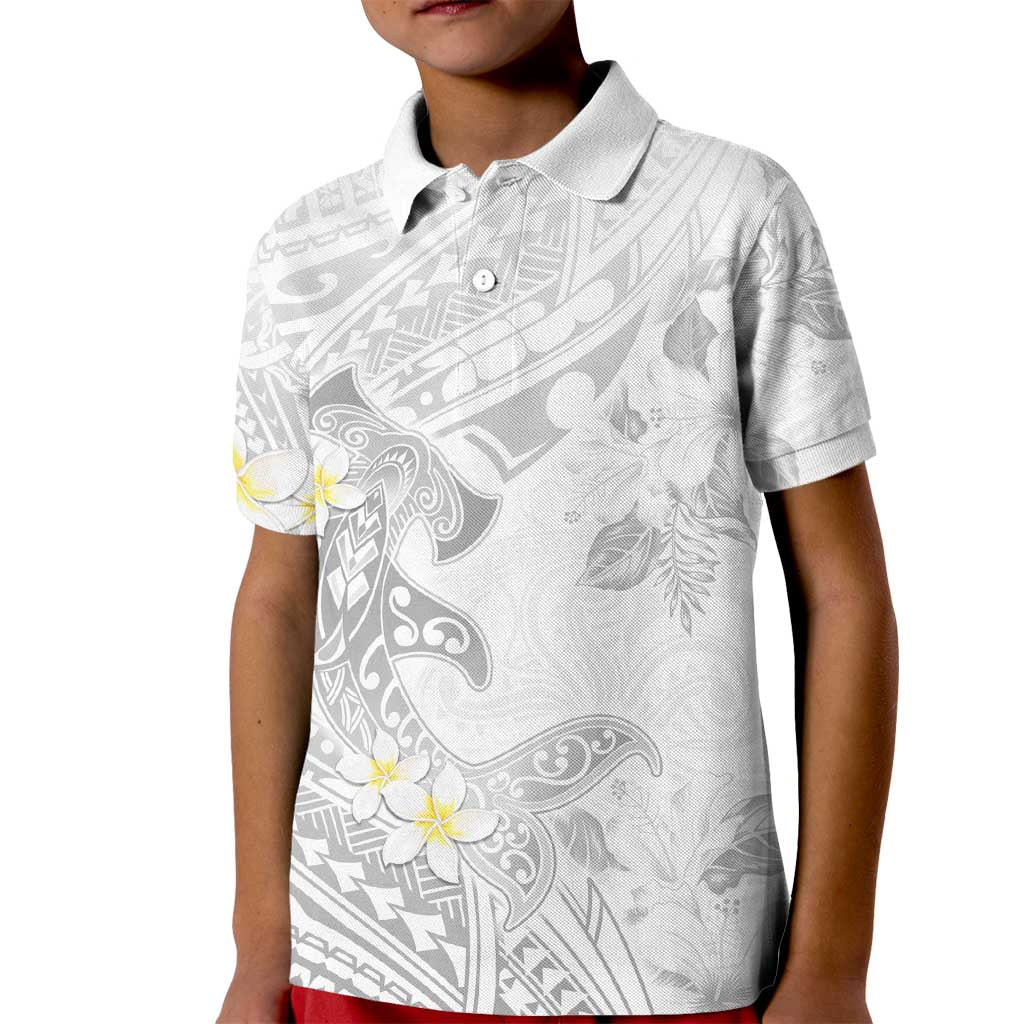Polynesia Hammerhead Shark Kid Polo Shirt Tropical Flowers Tribal Pattern White