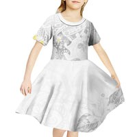Polynesia Hammerhead Shark Kid Short Sleeve Dress Tropical Flowers Tribal Pattern White