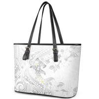 Polynesia Hammerhead Shark Leather Tote Bag Tropical Flowers Tribal Pattern White