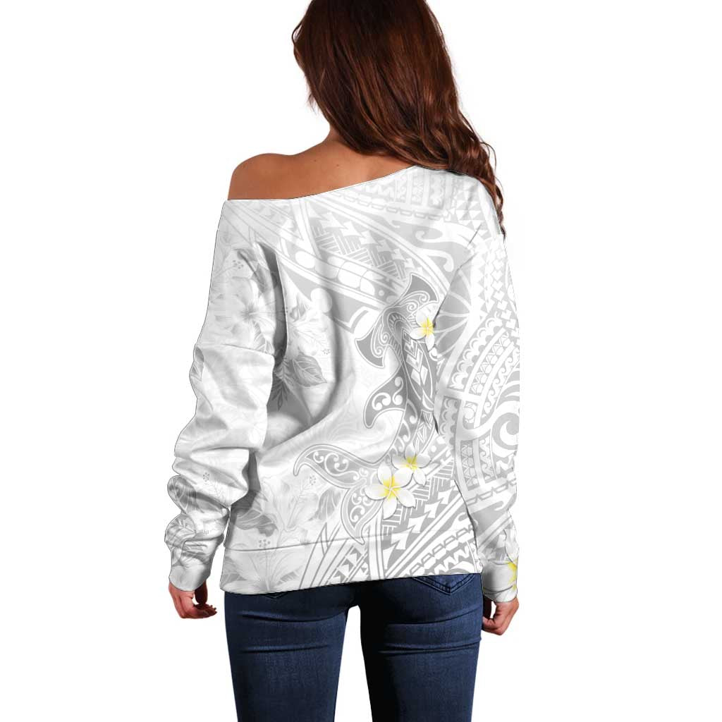 Polynesia Hammerhead Shark Off Shoulder Sweater Tropical Flowers Tribal Pattern White