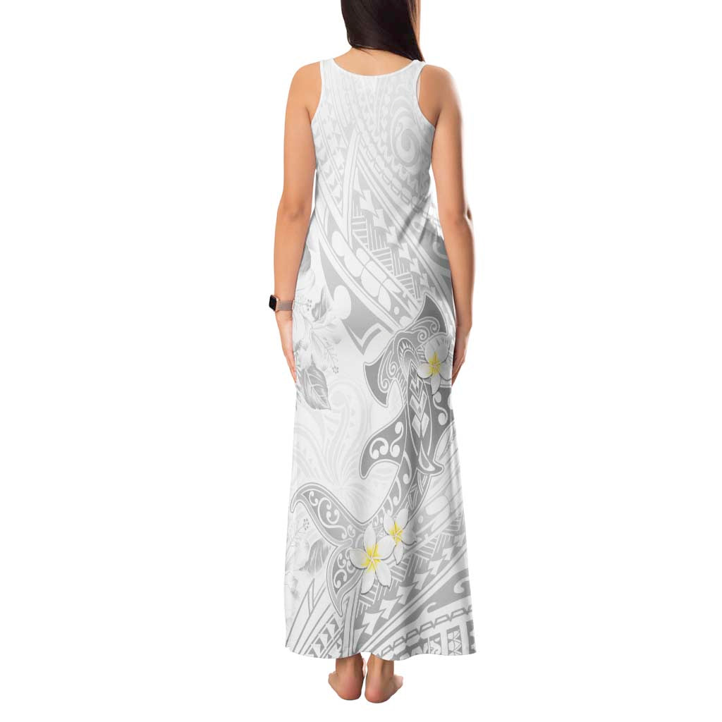 Polynesia Hammerhead Shark Tank Maxi Dress Tropical Flowers Tribal Pattern White