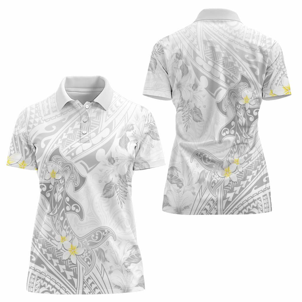 Polynesia Hammerhead Shark Women Polo Shirt Tropical Flowers Tribal Pattern White
